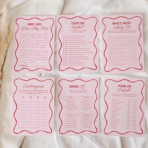K&ouml;nnte beinhalten: Sechs rosa Spielkarten mit rotem Text und Rahmen. Die Karten sind mit "Mad Libs: How They Met", "Over or Under", "Who's Most Likely To", "Scattergories", "Drink If" und "Porn or Polish" betitelt.