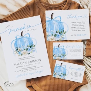Little Pumpkin Baby Shower Invitation Pumpkin Baby Shower Bundle Blue Little Pumpkin Is on the Way Fall Baby Invitation Autumn Baby Shower