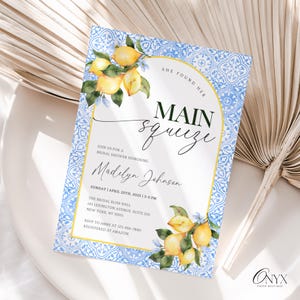 She Found Her Main Squeeze Bridal Shower Invitation Template Floral Citrus Bridal Shower Invite Mediterranean Blue Lemon Bridal Shower Theme