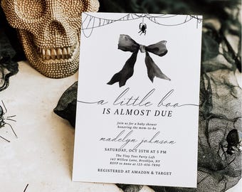 Little Boo Baby Shower Invitation Coquette Bow Girl Halloween Baby Shower Invitation Little Boo Is Almost Due Halloween Baby Shower Invite