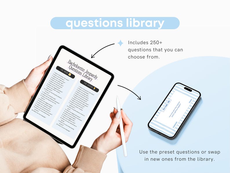 Peut inclure: Une tablette num&eacute;rique affichant une liste de questions pour un jeu de type "Jeopardy" sur le th&egrave;me de la bachelorette. Le texte &agrave; l'&eacute;cran indique "Bachelorette Jeopardy Questions Library". La tablette est tenue par les mains d'une personne. Un stylet est affich&eacute; &agrave; c&ocirc;t&eacute; de la tablette. Le texte "Includes 250+ questions that you can choose from." est affich&eacute; au-dessus de la tablette. Le texte "Use the preset questions or swap in new ones from the library." est affich&eacute; en dessous de la tablette.