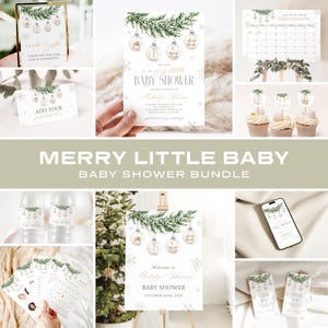 Puede incluir: Un conjunto de papelería para baby shower con temática invernal. Incluye invitaciones, tarjetas de agradecimiento, adornos para cupcakes y un calendario. El diseño presenta adornos de acuarela, copos de nieve y ramas de hoja perenne. El texto dice "Merry Little Baby Baby Shower Bundle."