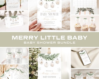 May include: A selection of baby shower stationery with a winter theme. Includes invitations, thank you cards, cupcake toppers, and a calendar. The design features watercolour ornaments, snowflakes, and evergreen branches. The text reads "Merry Little Baby Baby Shower Bundle."