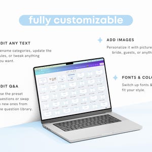 Peut inclure: Un ordinateur portable affichant un &eacute;cran avec un mod&egrave;le de jeu de mariage personnalisable. Le mod&egrave;le comprend des zones de texte pour les questions et les r&eacute;ponses, et l'utilisateur peut ajouter des images et modifier les polices et les couleurs.