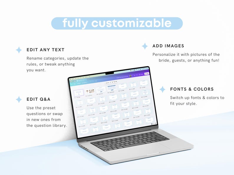 Peut inclure: Un ordinateur portable affichant un &eacute;cran avec un mod&egrave;le de jeu de mariage personnalisable. Le mod&egrave;le comprend des zones de texte pour les questions et les r&eacute;ponses, et l'utilisateur peut ajouter des images et modifier les polices et les couleurs.