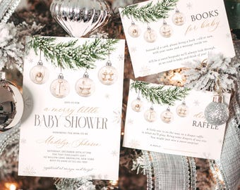 May include: Baby shower stationery set with a winter theme. The invitations read "a merry little baby shower" and include details. The inserts include a request for books and a diaper raffle. The design features ornaments and evergreen branches.