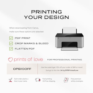 K&ouml;nnte beinhalten: Eine Grafik mit einem Drucker und Kontrollk&auml;stchen f&uuml;r "PDF drucken", "Beschnittmarken und Anschnitt" und "PDF reduzieren". Der Text "Drucken Sie Ihr Design" befindet sich oben. Der Text "prints of love" ist in Rosa mit einem Herzsymbol. Der Text "OPB100FF" befindet sich darunter. Der Text "F&uuml;r professionellen Druck" befindet sich unter dem Logo. Der Text "Nutzen Sie den Code und erhalten Sie 10% Rabatt auf Ihre Bestellung ab 49 &euro;! Gehen Sie einfach zu diesem Link: bit.ly/OPBPrintsofLove" befindet sich unter dem Text "F&uuml;r professionellen Druck". Es gibt drei Symbole unter dem Text. Das erste Symbol ist ein Baum mit dem Text "Mit jeder Bestellung pflanzen wir einen Baum in Ihrem Namen." Das zweite Symbol ist ein Lieferwagen mit dem Text "Schneller Druck. Kostenloser Versand in Deutschland." Das dritte Symbol ist ein Umschlag mit dem Text "Kostenlose Premium-wei&szlig;e Umschl&auml;ge."