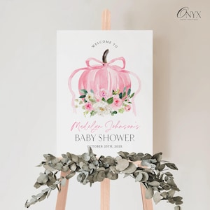 Little Pumpkin Baby Shower Welcome Sign Template Fall Baby Shower Sign Pink Bow Pumpkin Baby Shower Welcome Poster Autumn Baby Shower Decor
