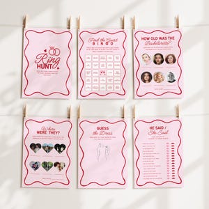 K&ouml;nnte beinhalten: Satz von sechs rosafarbenen und roten Brautparty-Spielkarten mit welligen R&auml;ndern. Die Karten tragen Titel wie "Find the Guest Bingo", "How Old Was the Bachelorette?", "Ring Hunt", "Where Were They?", "Guess the Dress", und "He Said/She Said".