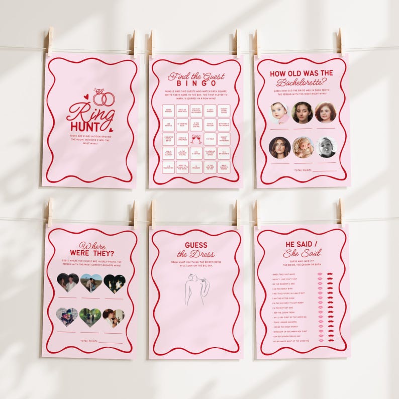 K&ouml;nnte beinhalten: Satz von sechs rosafarbenen und roten Brautparty-Spielkarten mit welligen R&auml;ndern. Die Karten tragen Titel wie "Find the Guest Bingo", "How Old Was the Bachelorette?", "Ring Hunt", "Where Were They?", "Guess the Dress", und "He Said/She Said".
