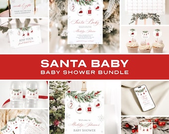 May include: A festive baby shower bundle with a Christmas theme. The set includes invitations, cupcake toppers, a calendar, and signs. Designs feature baubles, snowflakes, and the words "Santa Baby".