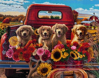 Diamond Painting Finished | Colorful Dog Art | Diamond Painting Wall Art | Red Truck Farm| Unframed | DAC Diamond Art | Golden Retriever Art