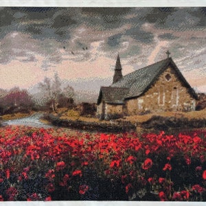 Diamond Painting Finished | Church in Field of Red Flowers | Diamond Painting Wall Art | Unframed