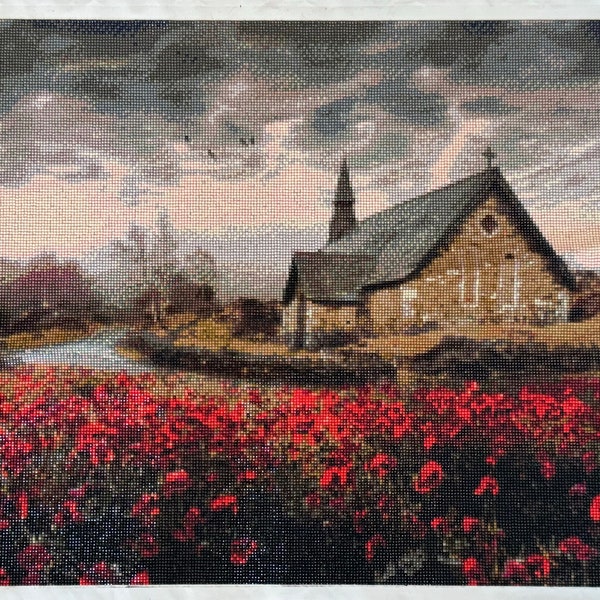 Diamond Painting Finished | Church in Field of Red Flowers | Diamond Painting Wall Art | Unframed