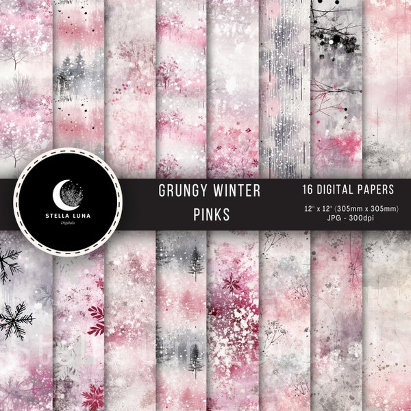 Christmas Digital Printable Paper, Seamless Patterns, Grungy Winter Paper, Winter Grunge, Pink Gray, Distressed, Scrapbook, Instant Download