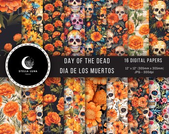 Day of the Dead Printable Paper, Dia de los Muertos, Sugar Skulls, Marigolds, Printable Scrapbook Paper, Instant Download, Digital Papers