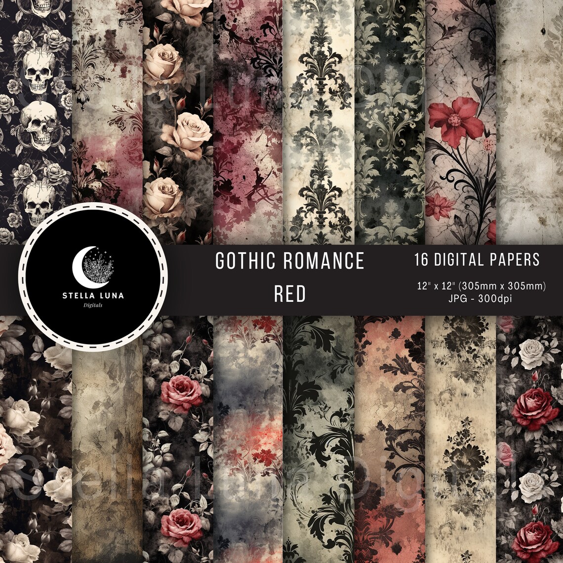 Red Gothic Victorian Romance Printable Paper, Pattern, Damask, Roses ...