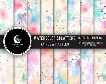 Pastel Watercolor Paint Splatter Digital Paper, Printable Scrapbook Paper, Instant Download, Watercolor Papers