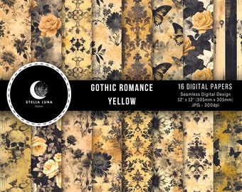 Ephemera Digital Paper, Gothic Victorian Romance, Seamless Pattern, Scrapbook, Junk Journal, Printable, Yellow, Black, Flowers, Damask
