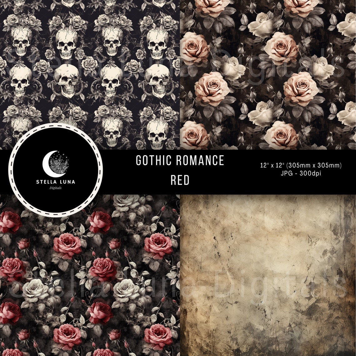 Red Gothic Victorian Romance Printable Paper, Pattern, Damask, Roses ...