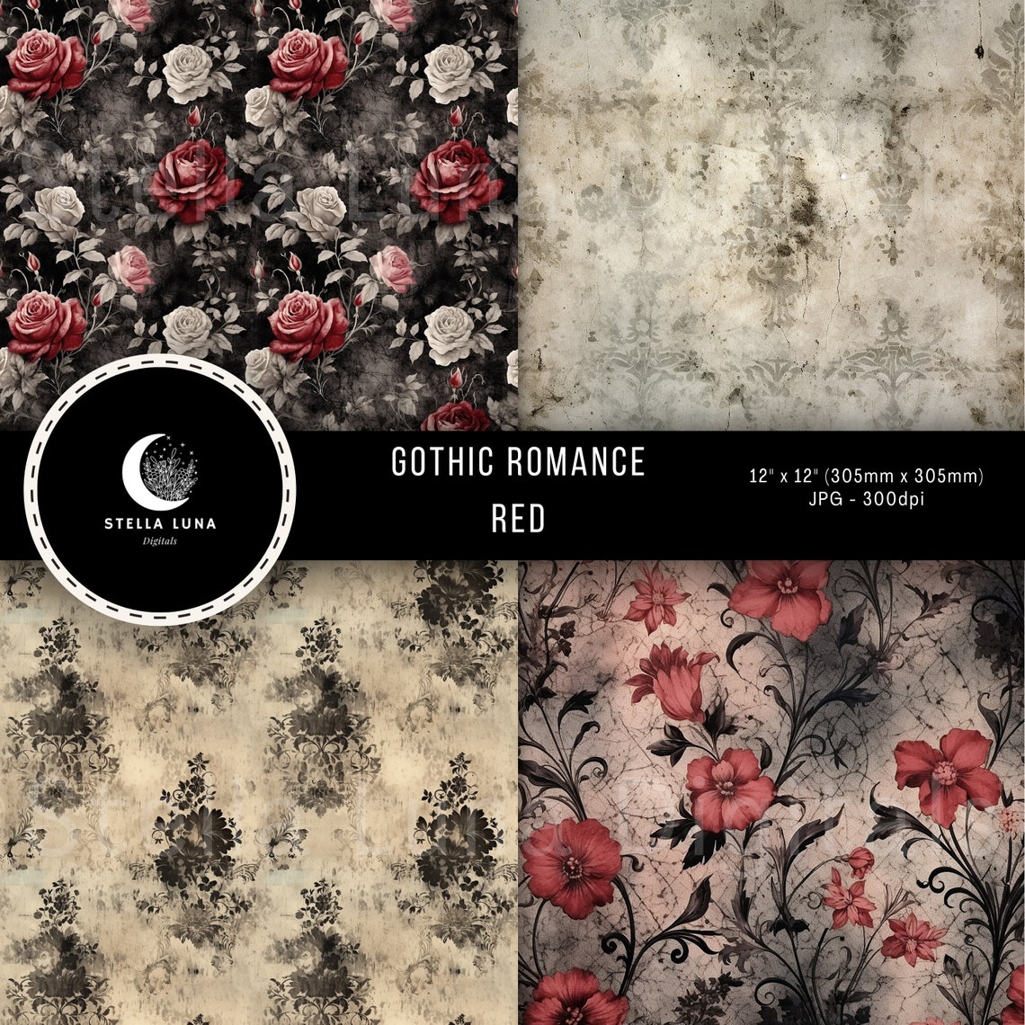 Red Gothic Victorian Romance Printable Paper, Pattern, Damask, Roses ...