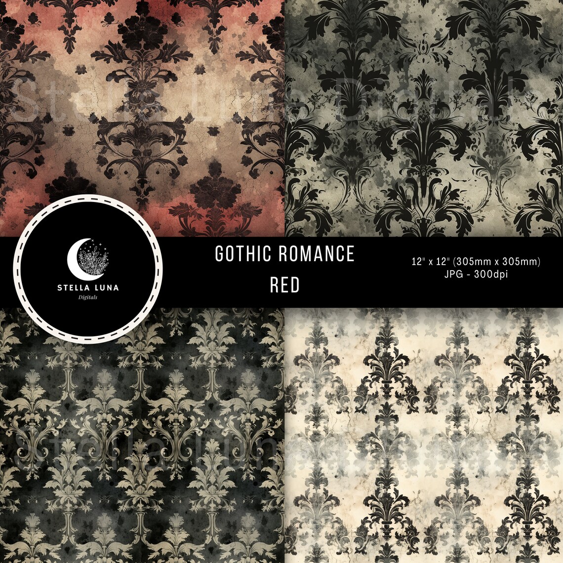 Red Gothic Victorian Romance Printable Paper, Pattern, Damask, Roses ...