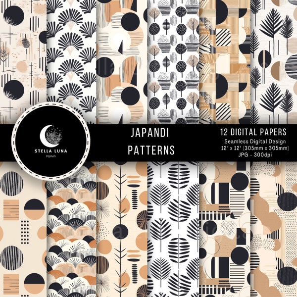 Japandi Digital Paper, Japandi Seamless Pattern, Wabi Sabi, Digital Paper, Neutrals, Printable, Scrapbook, Japanese Style, Beige Black White