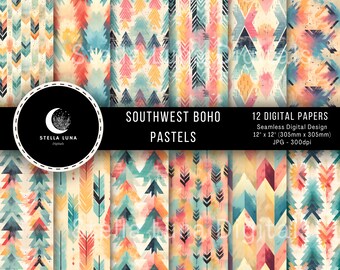Watercolor Southwest Digital Paper, Western, Seamless Pattern, Southwestern, Printable, Pastels, Scrapbook, Instant Download, Card Making
