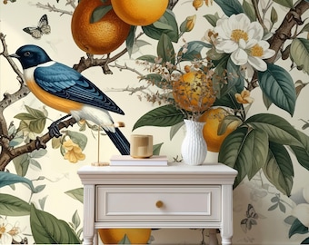 Vintage Citrus Botanische Tapete | Orangenbaum & Blauer Vogel Wandbild | Abnehmbares französisches Landdekor