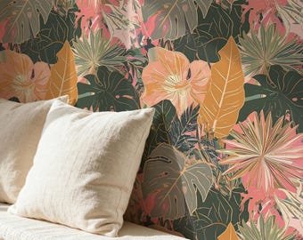 Papel pintado botánico tropical bohemio / Mural de hojas de monstera rosas y verdes / Pared decorativa retro removible