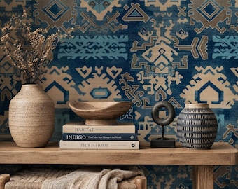 Papel pintado marroquí autoadhesivo / Mural de pared tribal azul / Mural de pared geométrico bohemio étnico