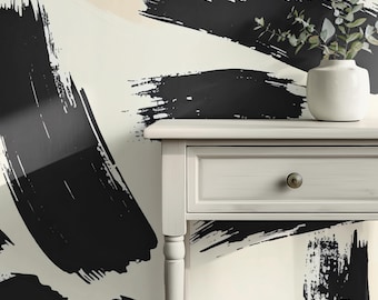 Abstract penseelstreekbehang | Gedurfde zwart-witte verfmuurschildering | Moderne verwijderbare accentmuur