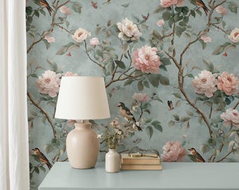 Vintage-Tapete mit Blumen- und Vogelmotiven | Pastellfarbene Chinoiserie-Tapete | Selbstklebend