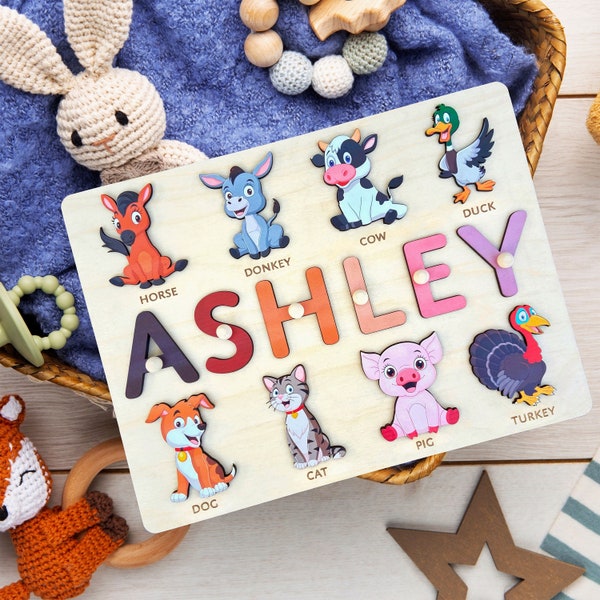Personalized Name Puzzle with Animals - Best Baby Gift | Wooden Toys | Gift for Kids | Wooden Name Puzzle for Toddlers | First Birthday Gift