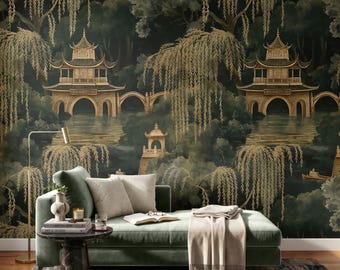 Tapeta z motywem pagody | Ciemnozielony mural w stylu chinoiserie | Dekoracja z płaczącej wierzby | Odklej i przyklej