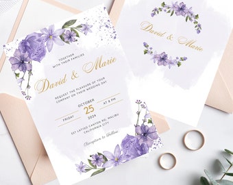 Lavender Wedding Invitation Template, Purple and Gold Lilac Wedding Invite, Purple Boho Wildflower Wedding Invite, Digital Instant Download