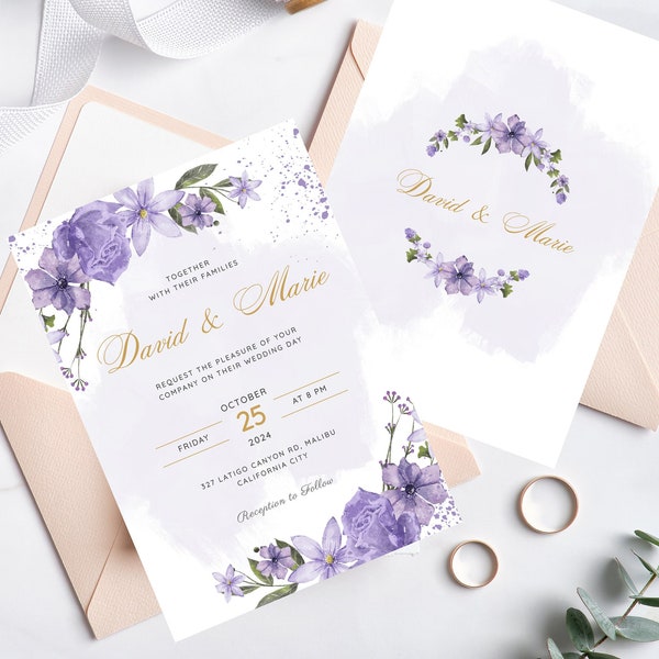 Lavender Wedding Invitation Template, Purple and Gold Lilac Wedding Invite, Purple Boho Wildflower Wedding Invite, Digital Instant Download