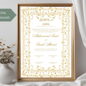 Gold Nikkah Vertragsvorlage, Floral Nikkah Zertifikat, personalisierter Nikkah Vertrag, digitaler muslimischer Hochzeitsvertrag, Nikkah Nama, A3, A4