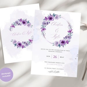 Plantilla de invitación de boda púrpura, invitación de boda floral de lavanda, invitación de boda boho lila, doble cara, descarga instantánea digital