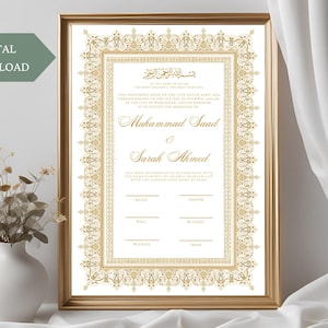 Gold Nikkah Vertragsvorlage, bearbeitbares Nikkah Zertifikat A3, A4, digitaler Nikkah Vertrag, muslimischer Hochzeitsvertrag, Gold Islamische Nikah Nama