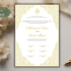 Gold Nikkah Vertragsvorlage, bearbeitbares Nikkah Zertifikat A3, A4, Islamisches Nikah Nama Digital, Muslim Nikkahnama, Digitaler Ehevertrag