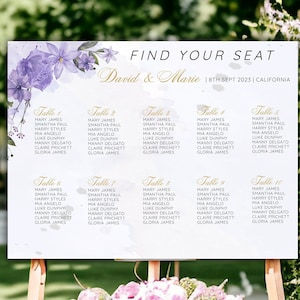 Bruiloft zitplaatsen grafiek sjabloon, Boho lavendel zitplaatsen grafiek, paarse en gouden bloemen zitplaatsen plan, afdrukbare Lila groen zitplaatsen plan
