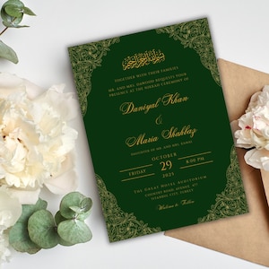 May include: A green and gold wedding invitation featuring intricate floral designs. The invitation announces the marriage of Daniyal Khan and Maria Shahbaz, taking place on Friday, 29th October 2025 at 8:00 PM at The Great Hotel Auditorium in Istanbul, Turkey.