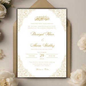 Witte en gouden Nikkah uitnodigingssjabloon, digitale islamitische bruiloft uitnodiging, minimalistische Nikah uitnodiging, afdrukbare moslim huwelijksuitnodiging, DIY