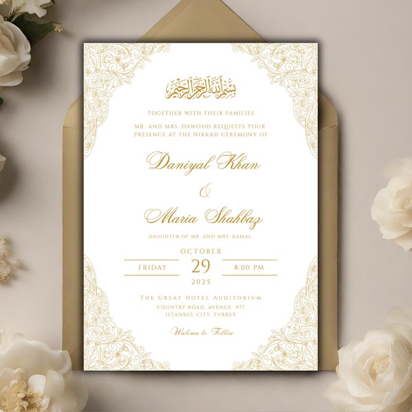 Weiß und Gold Nikkah Einladung Vorlage, Digitale Islamische Hochzeitseinladung, Minimalistische Nikah Einladen, Printable Muslimische Hochzeitseinladung, DIY