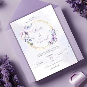 Lavender Wedding Invitation, Purple Lilac Wedding Invite Template, Boho Wildflower Wedding Invitation, Double-sided Instant Digital Download