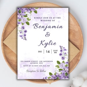 Lavender Wedding Invitation Template, Purple flower Wedding Invitation, Customizable Lilac Wedding Invitation, Floral, Editable, Printable