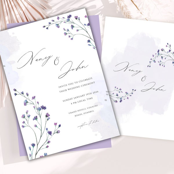 Lavender Wedding Invitation Template, Purple Lilac Minimalist Invite, Boho Floral Wedding Invite, Double-sided, Digital Instant Download
