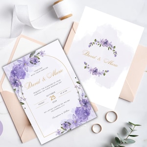 Lavendel Hochzeit Einladung Vorlage, Lila und Gold Hochzeit einladen, Lila Wildblumen Hochzeit einladen, doppelseitig, Digital Sofort Download