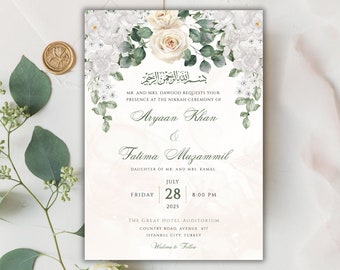 Nikkah Invitation Template, Islamic Wedding Invitation Green Floral, Muslim Wedding Invitation, Nikkah Invite Digital, Instant Download